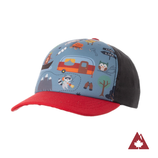 Blue children's cap with red brim and colorful camping pattern on the front panel. 