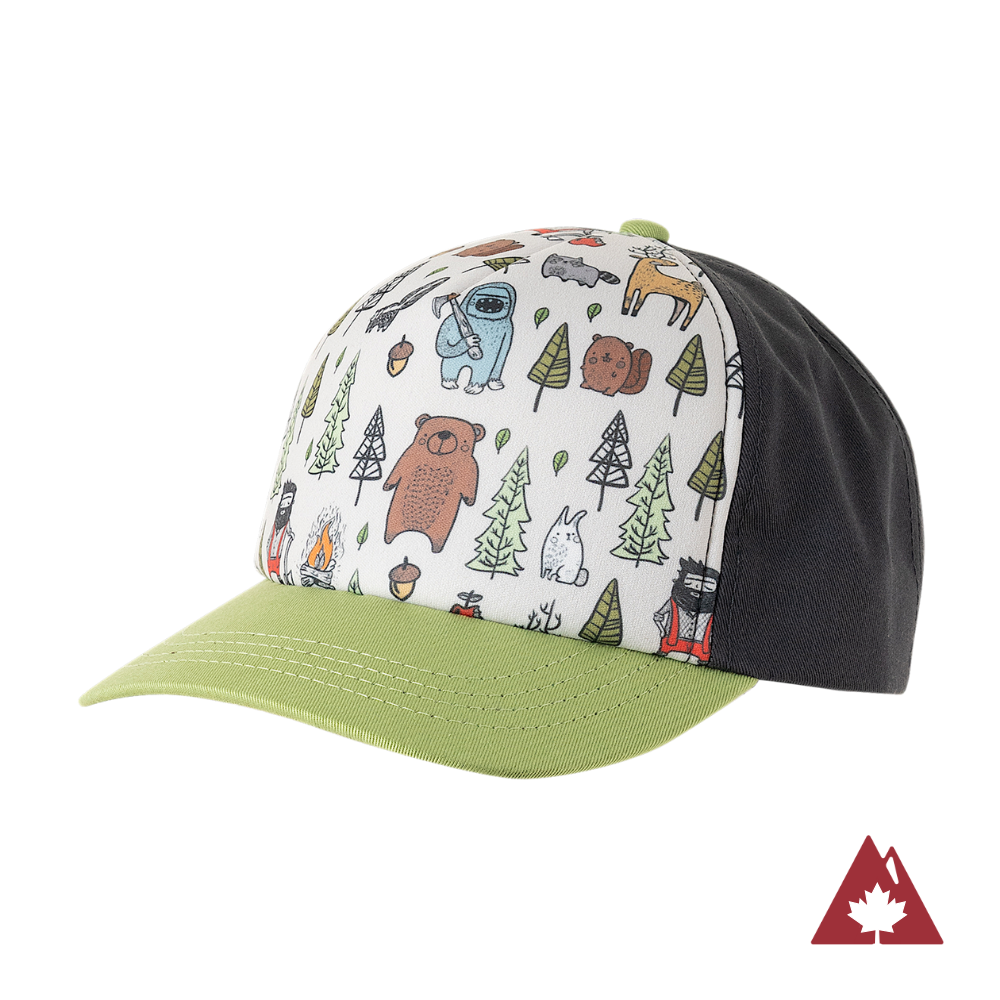 Children's cap with green brim, grey back  and colorful lumberjack pattern on the front panel. 