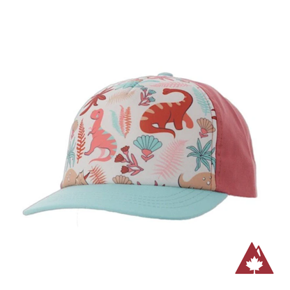 Pink children's cap with blue brim and colorful dinosaur pattern on the front panel. 