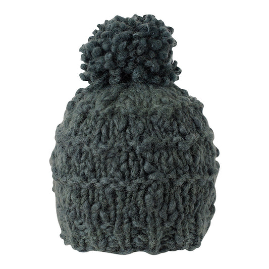Ambler Madison handknit 100% wool women's toque in charcoal with pom. 