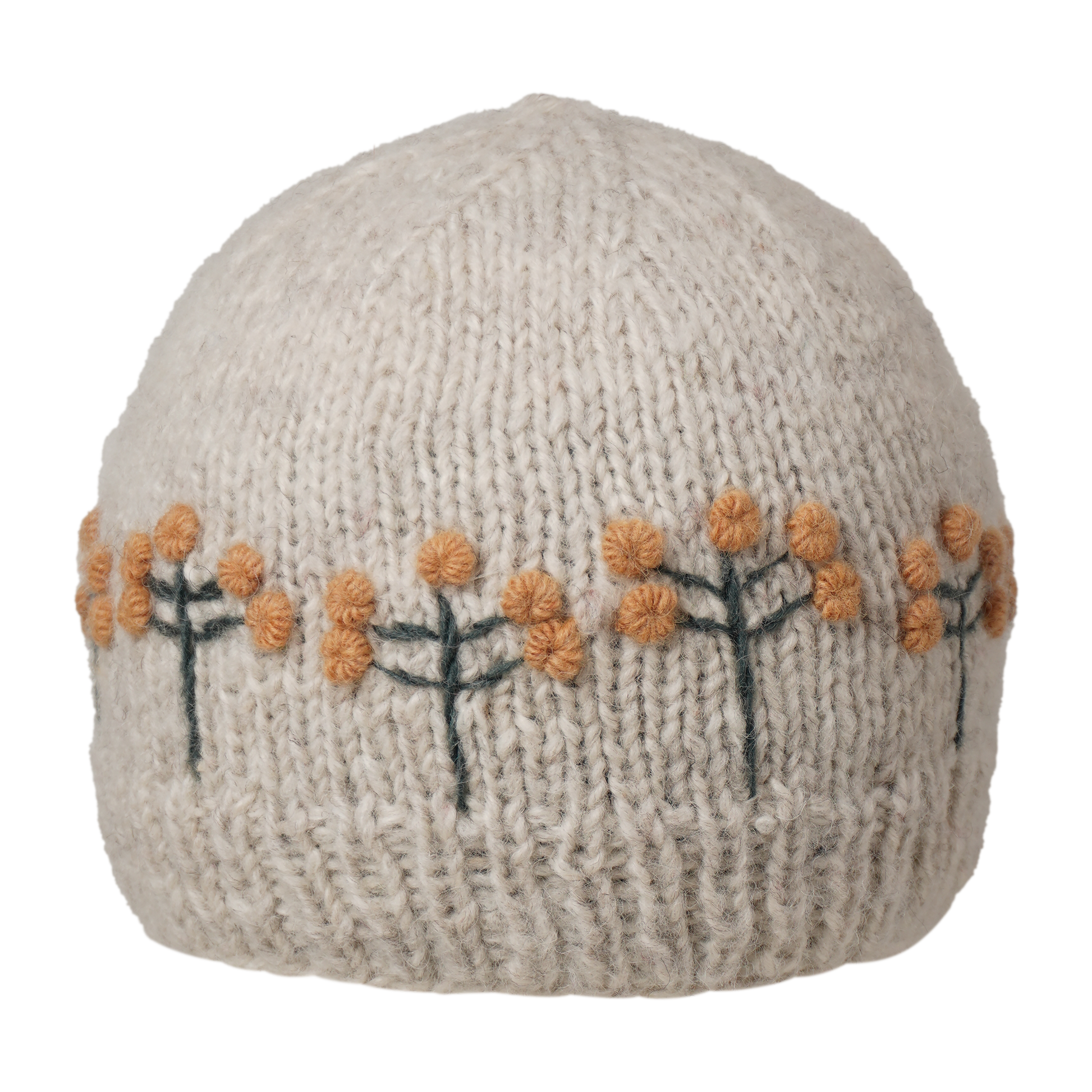 Ambler Marigold handknit women's toque in apricot with textured floral pattern and ribbed cuff. 