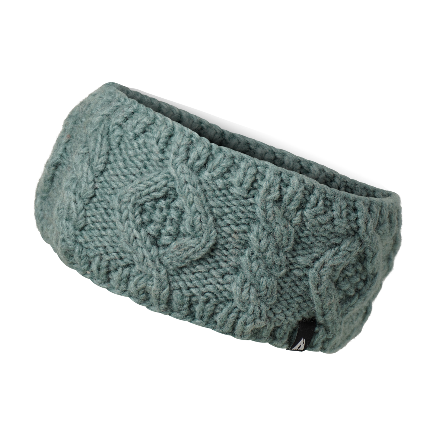 Ambler Mia handknit winter headband in eucalyptus with cable knit pattern and Ambler clip label. 