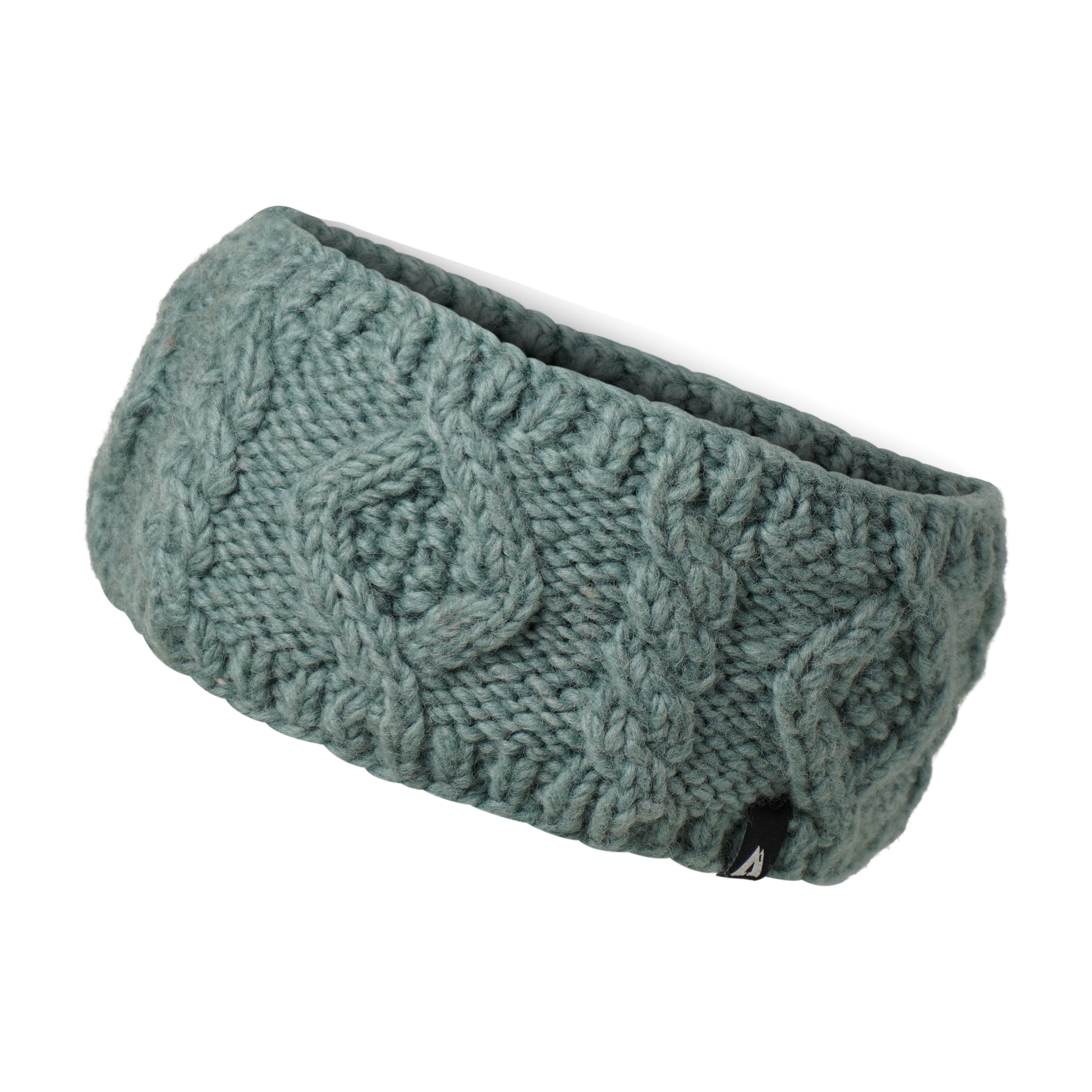 Ambler Mia handknit winter headband in eucalyptus with cable knit pattern and Ambler clip label. 