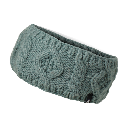 Ambler Mia handknit winter headband in eucalyptus with cable knit pattern and Ambler clip label. 