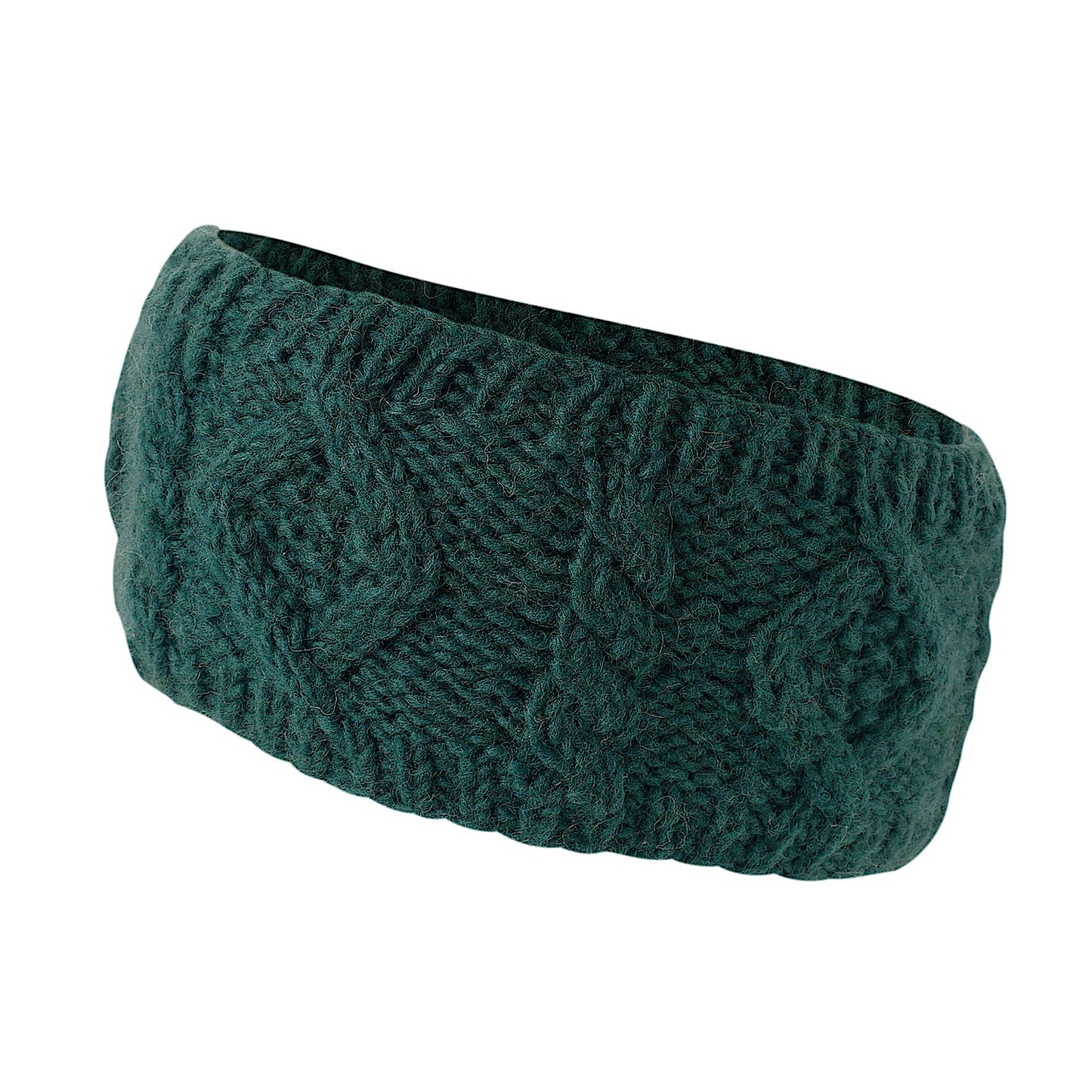Ambler Mia handknit winter headband in forest with cable knit pattern and Ambler clip label. 