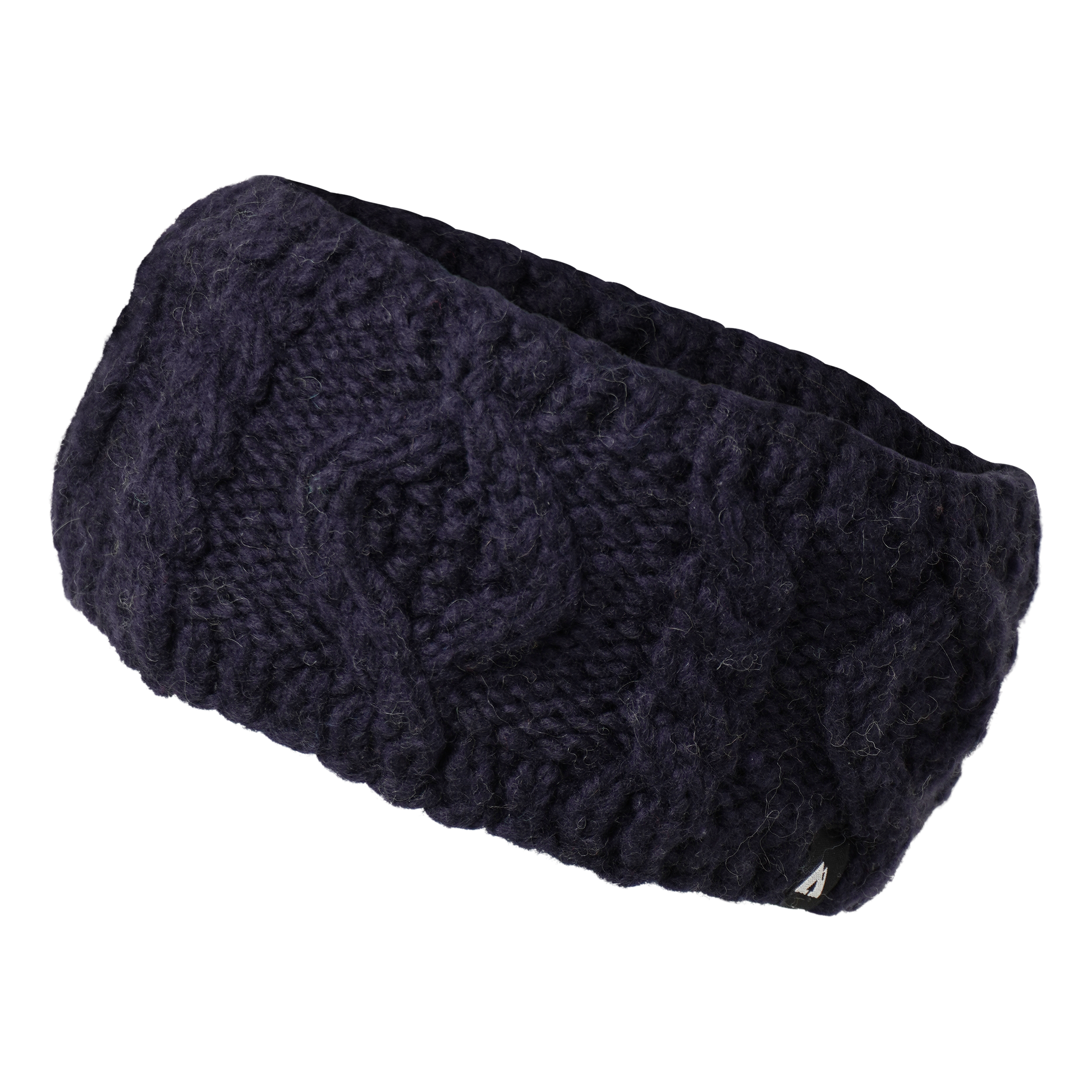 Ambler Mia handknit winter headband in midnight with cable knit pattern and Ambler clip label. 