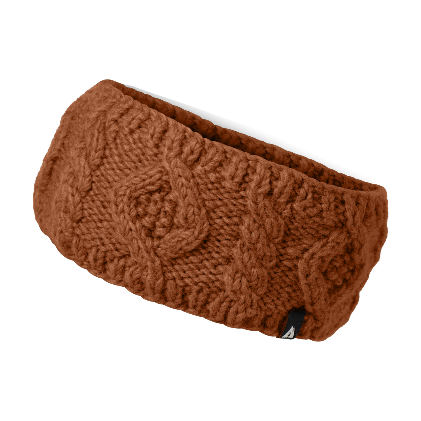 Ambler Mia handknit winter headband in rust with cable knit pattern and Ambler clip label. 