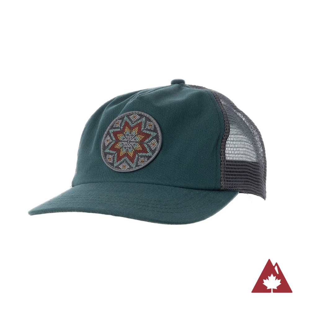 Mallard green trucker cap with a grey mesh back and a colourful mosaic patch on the front panel.