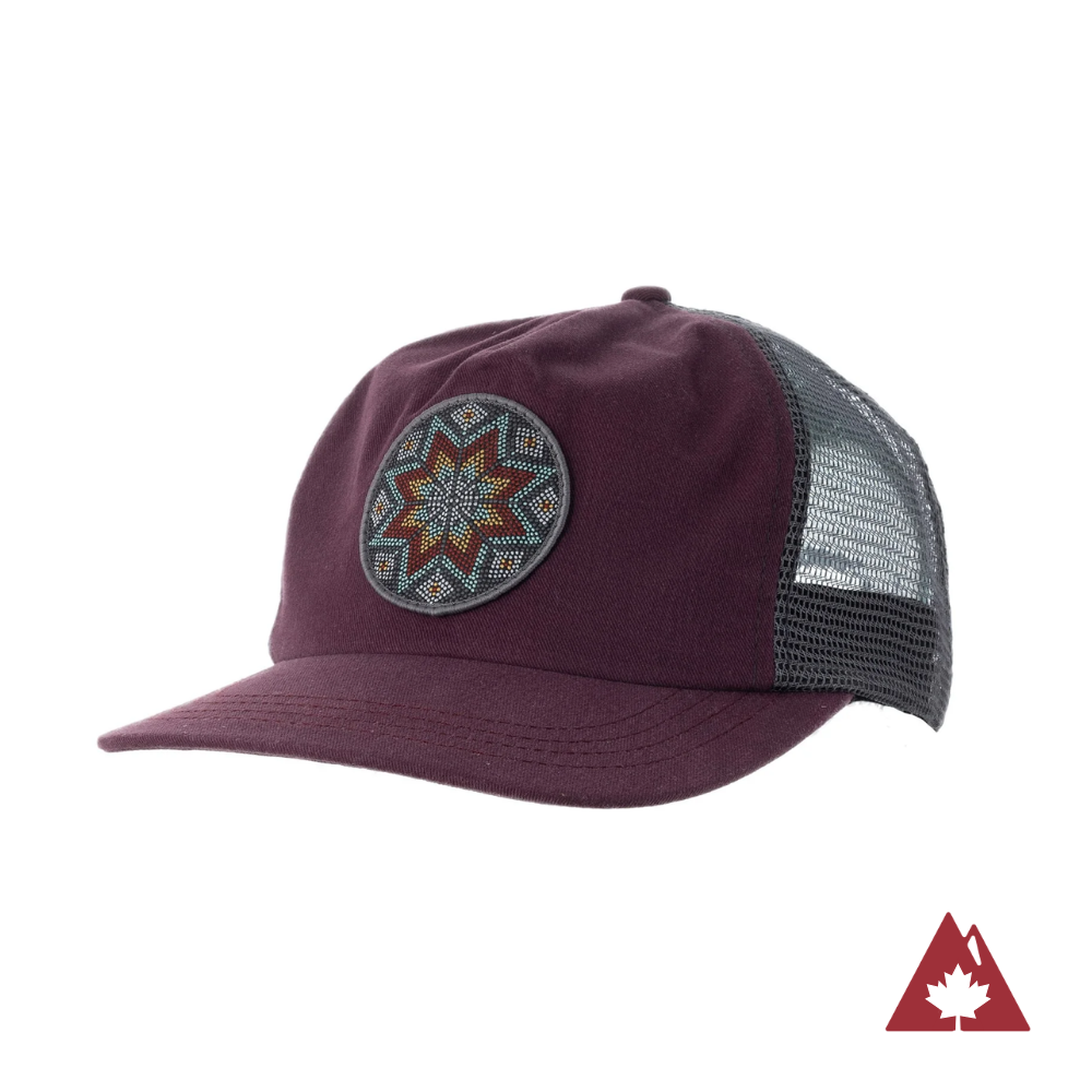 Maroon trucker cap with a grey mesh back and a colourful mosaic patch on the front panel.