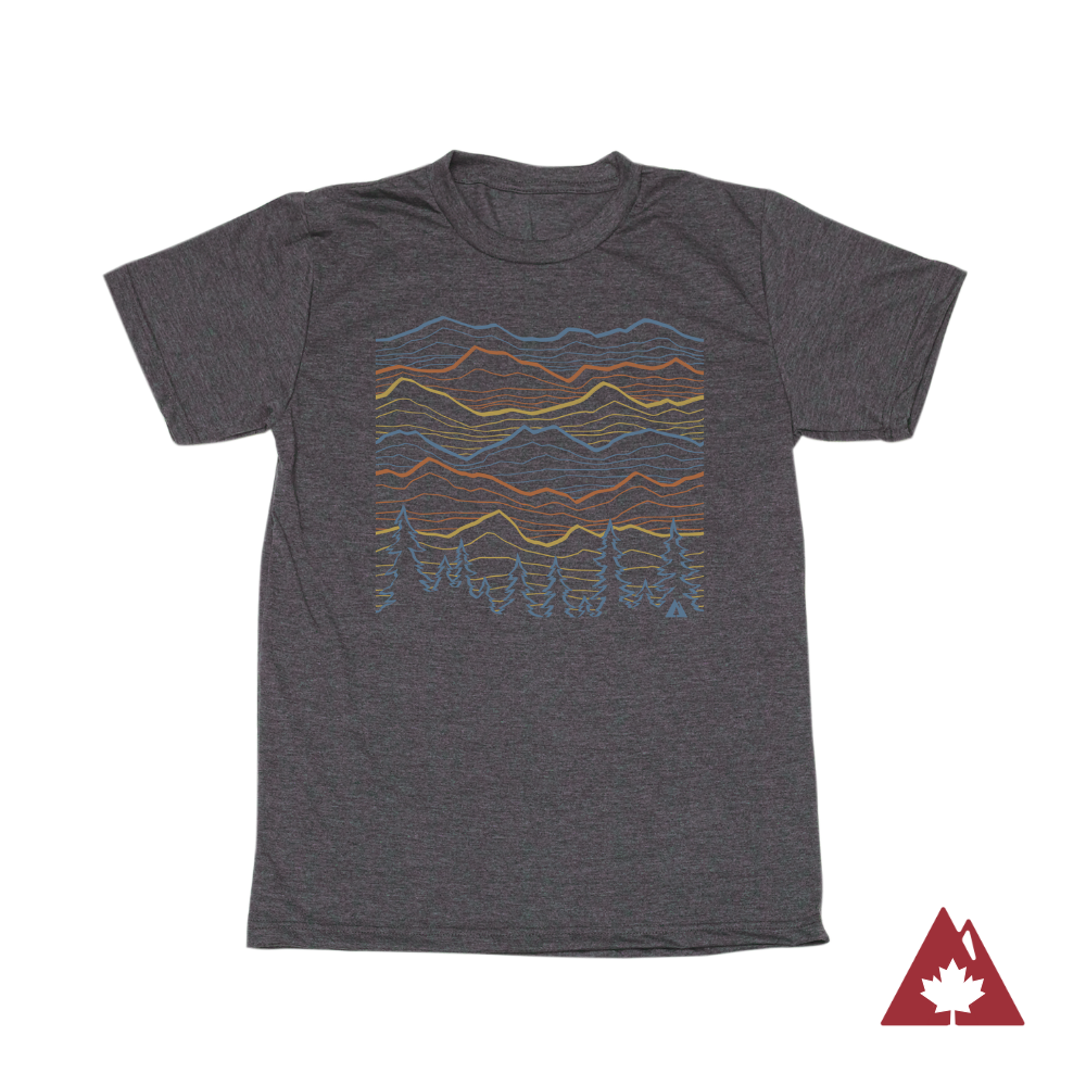 Gray unisex t-shirt with colourful mountain line graphic. 