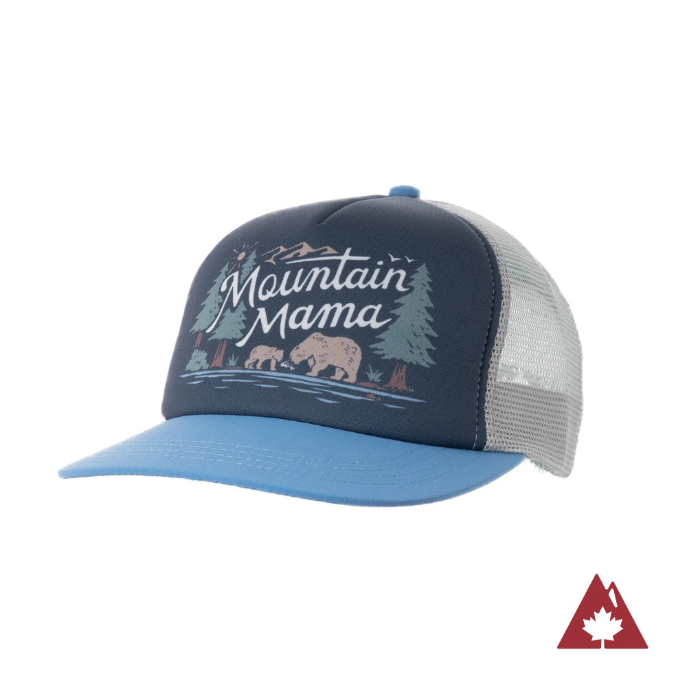 Blue trucker hat with &#39;Mountain Mama&#39; graphic design on the front panel. 