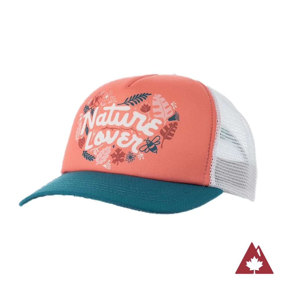 Kids&#39; trucker hat with teal brim, white mesh back and a &#39;Nature Lover&#39; text and leaf graphic on the front panel. 