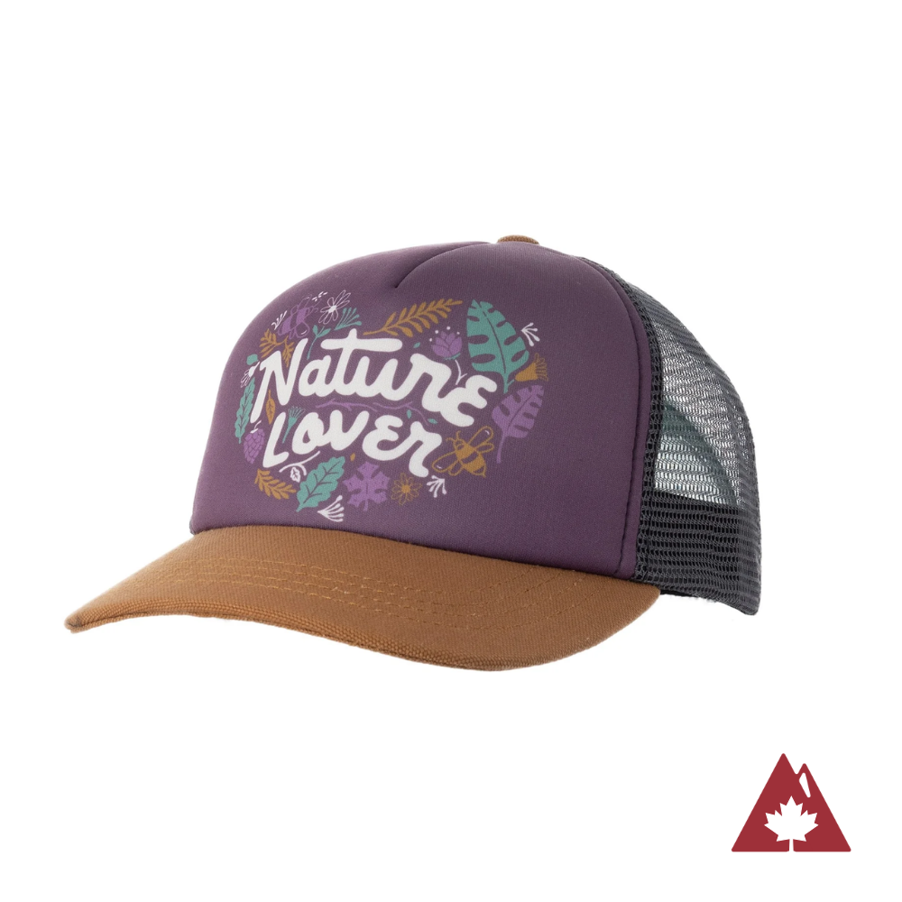 Kids&#39; trucker hat with tan brim, grey mesh back and a &#39;Nature Lover&#39; text and leaf graphic on the front panel. 