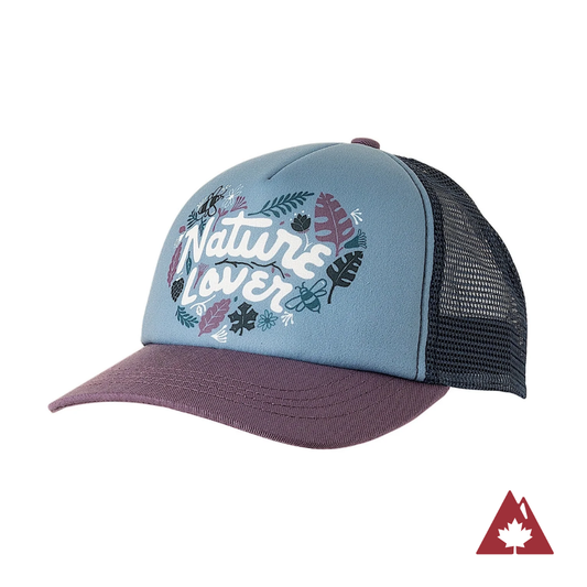 Kids' trucker hat with purple brim, black mesh back and a 'Nature Lover' text and leaf graphic on the front panel. 