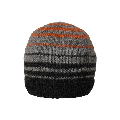 Ambler Ollie handknit wool men's toque in charcoal with striped design and warm ribbed cuff. 