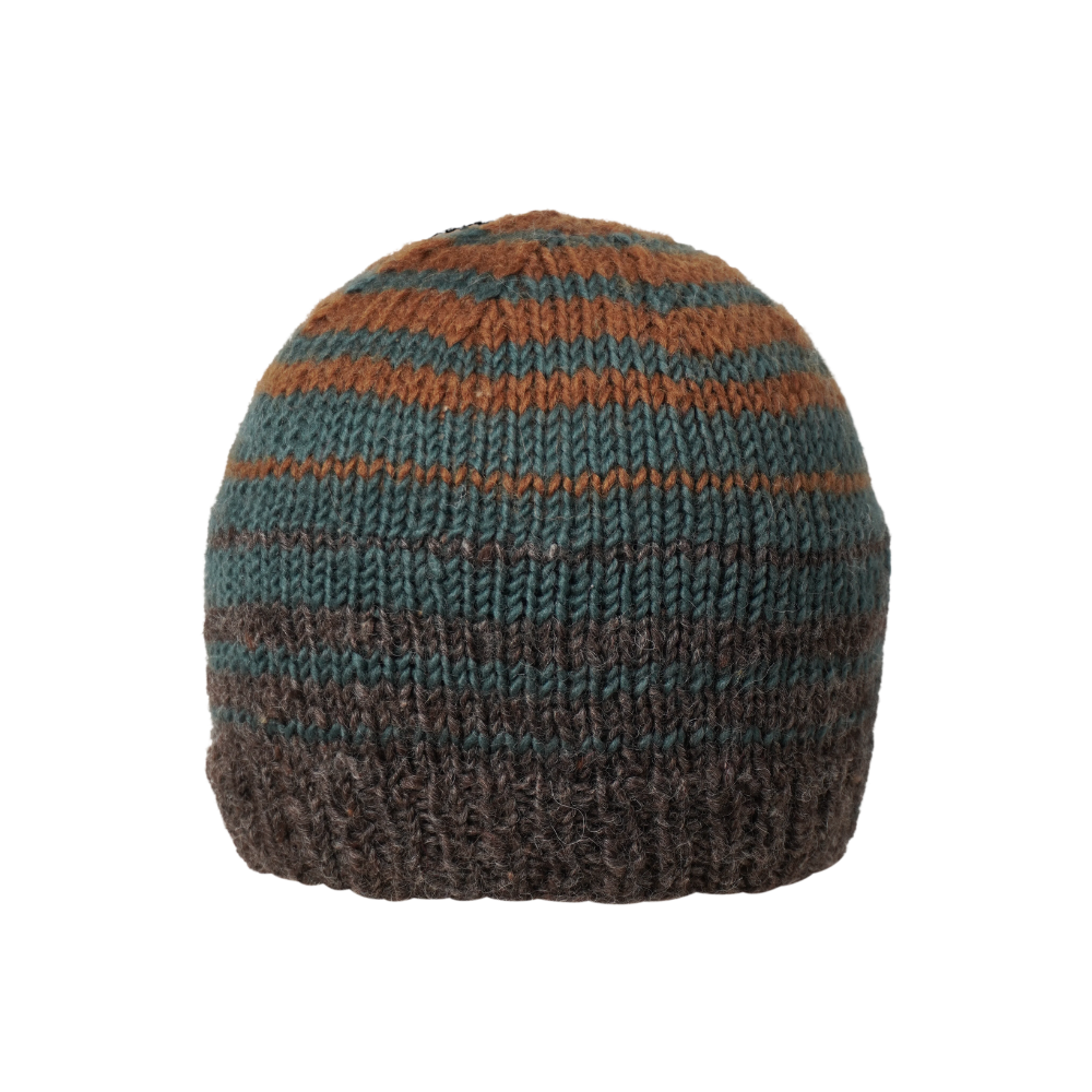 Ambler Ollie handknit wool men's toque in heather brown with striped design and warm ribbed cuff. 