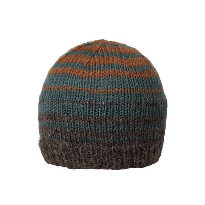 Ambler Ollie handknit wool men's toque in heather brown with striped design and warm ribbed cuff. 