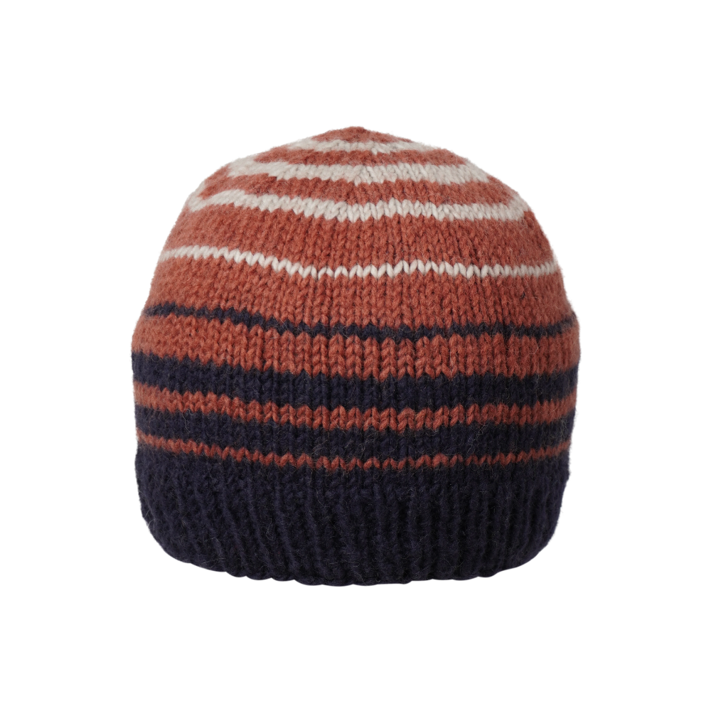 Ambler Ollie handknit wool men&#39;s toque in midnight with striped design and warm ribbed cuff. 
