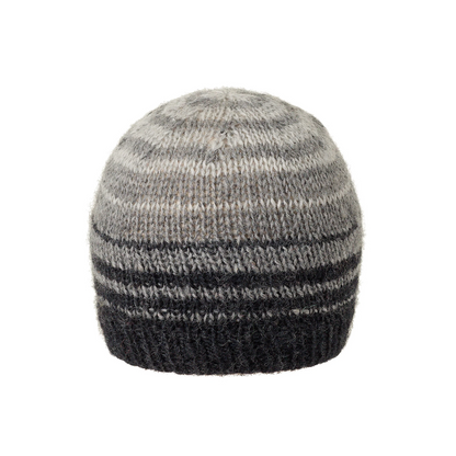 Ambler Ollie handknit wool men's toque in heather charcoal with striped design and warm ribbed cuff. 
