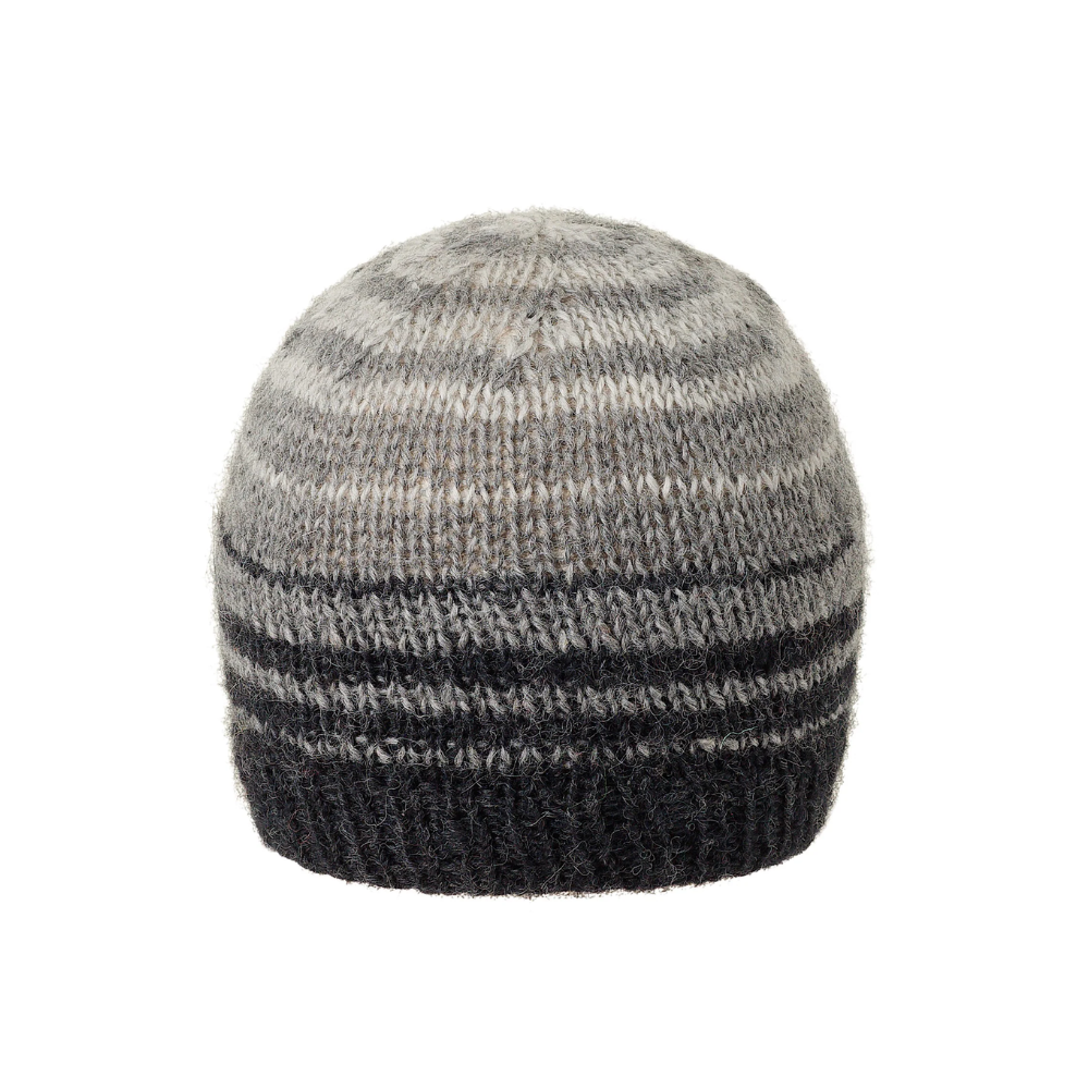 Ambler Ollie handknit wool men&#39;s toque in heather charcoal with striped design and warm ribbed cuff. 