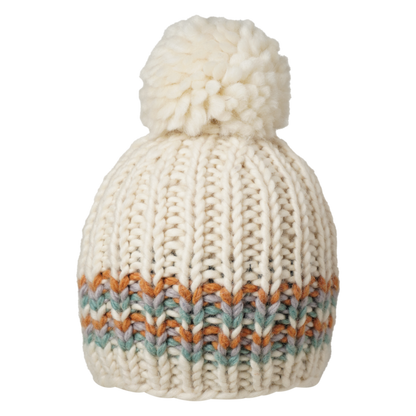 Ambler Parker handknit wool women's toque in apricot - thick rib and medium pom. 