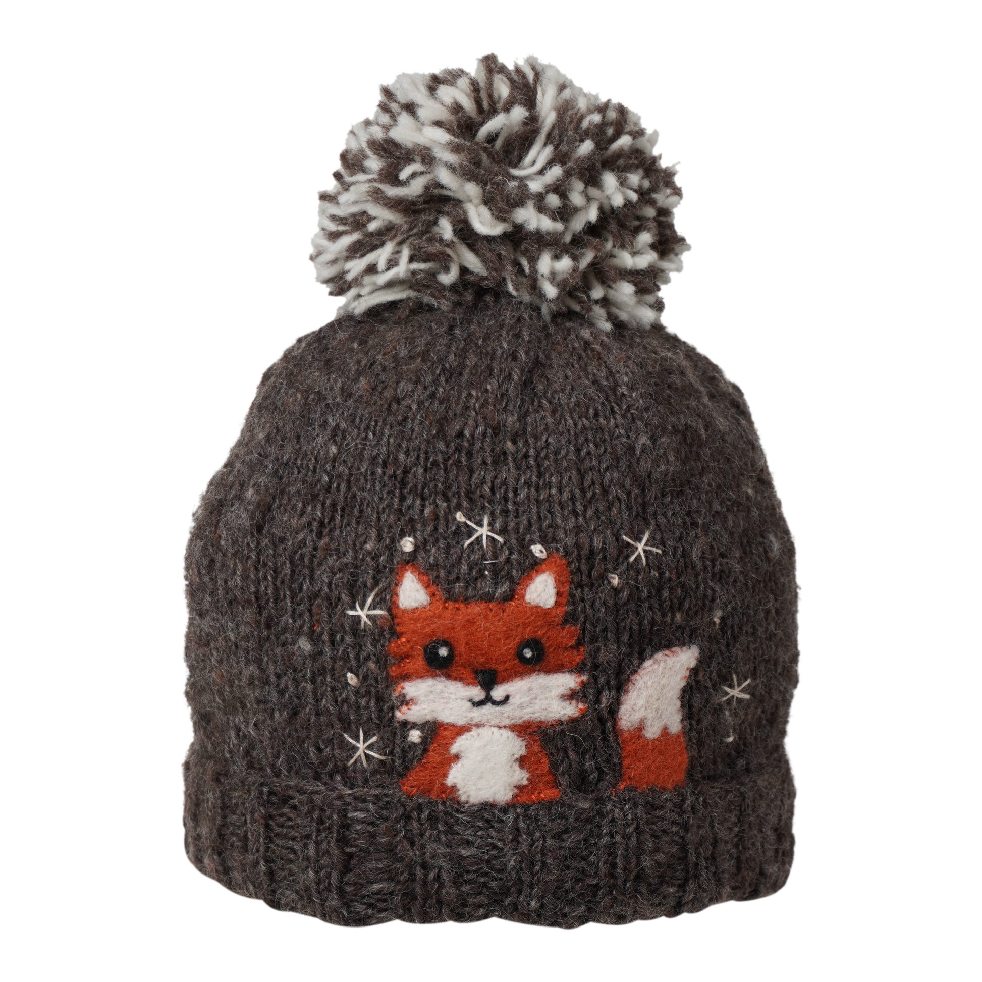 Ambler Peek-A-Boo handknit kids' toque in heather brown with felted fox character and duotone pom.