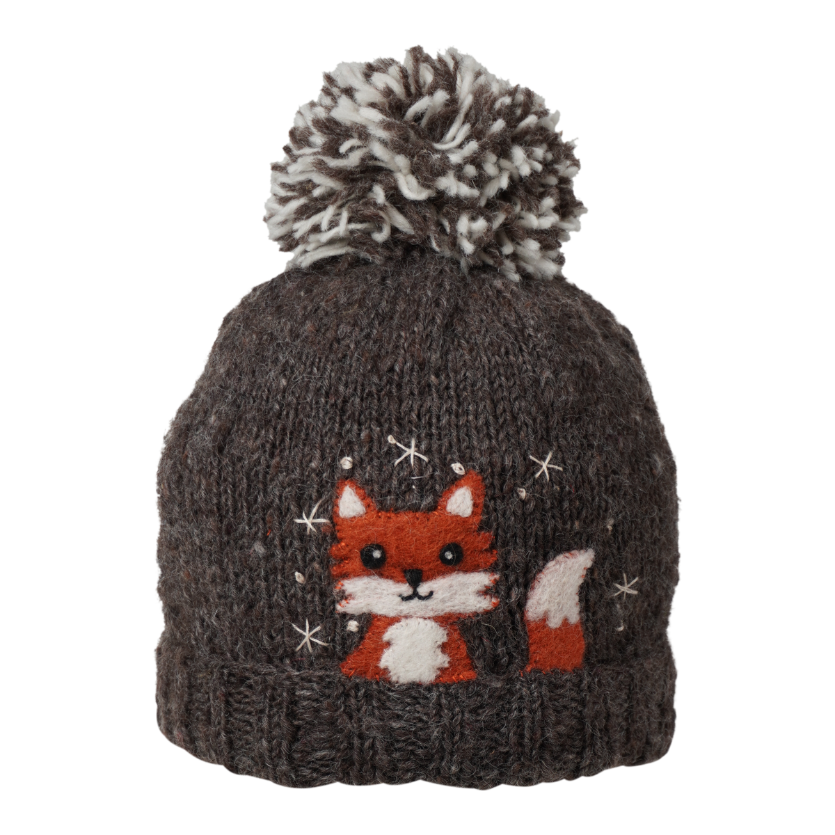 Ambler Peek-A-Boo handknit kids&#39; toque in heather brown with felted fox character and duotone pom.