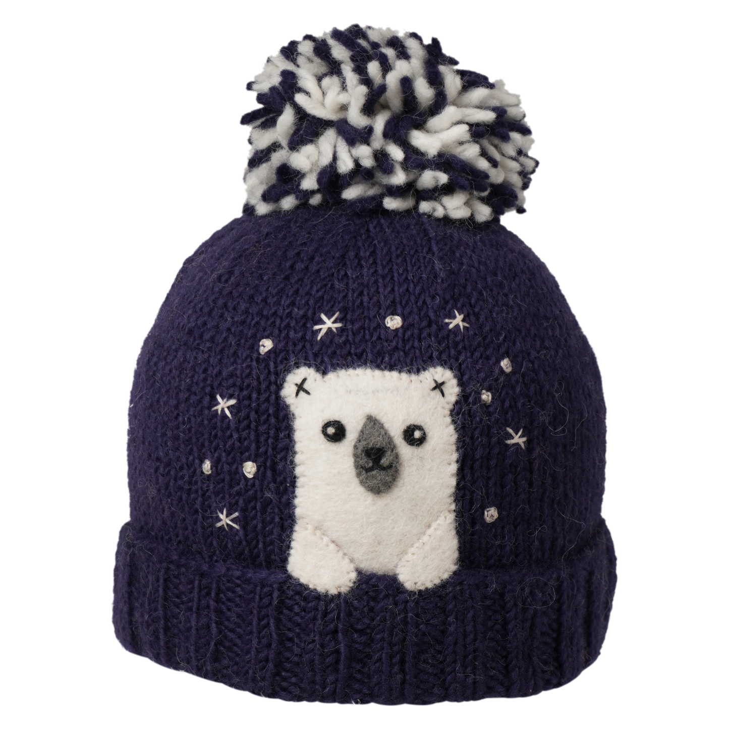 Ambler Peek-A-Boo handknit kids' toque in navy with felted animal character and duotone pom.