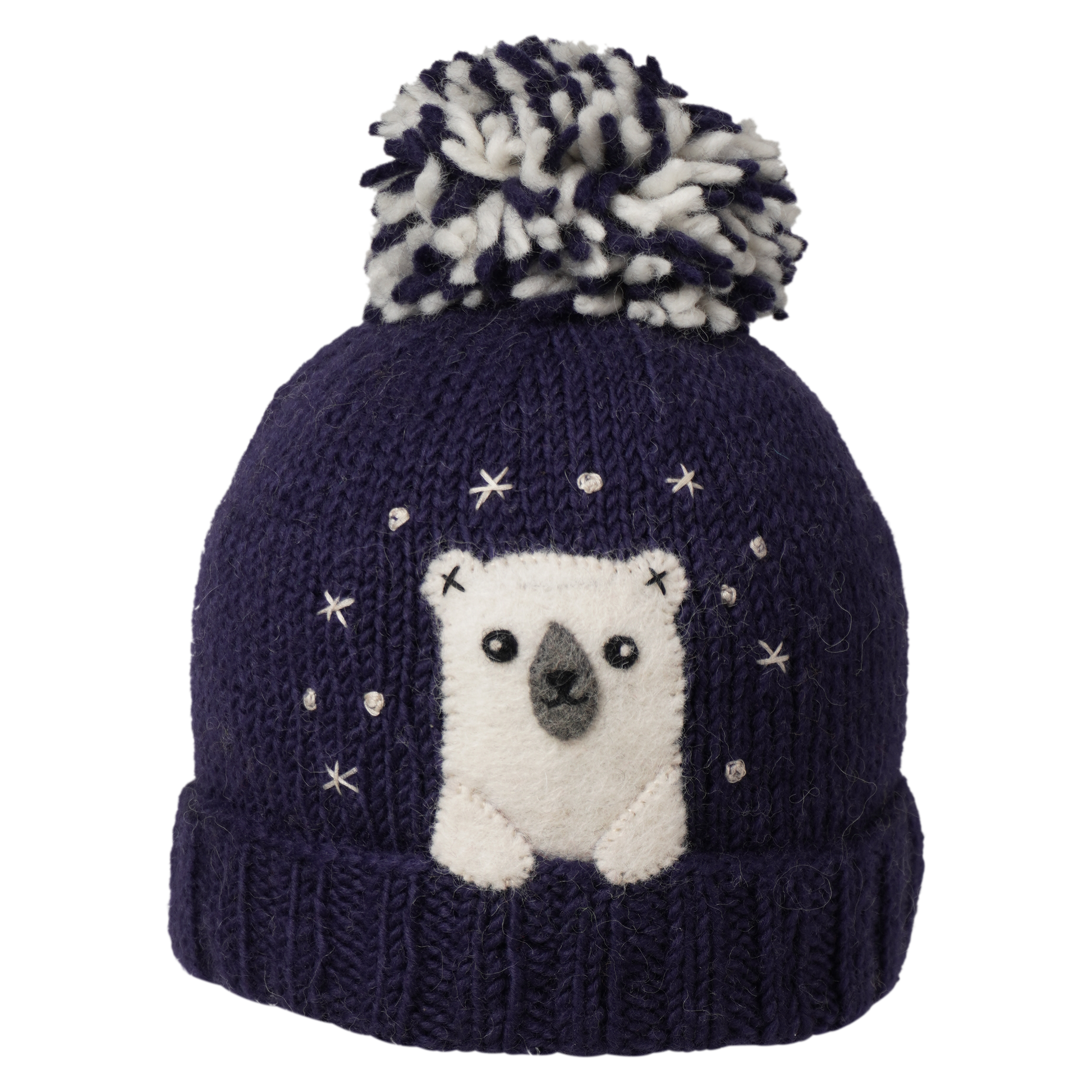 Ambler Peek-A-Boo handknit kids' toque in navy with felted animal character and duotone pom.