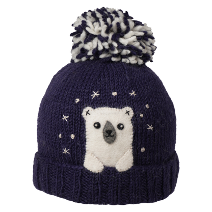 Ambler Peek-A-Boo handknit kids' toque in navy with felted animal character and duotone pom.