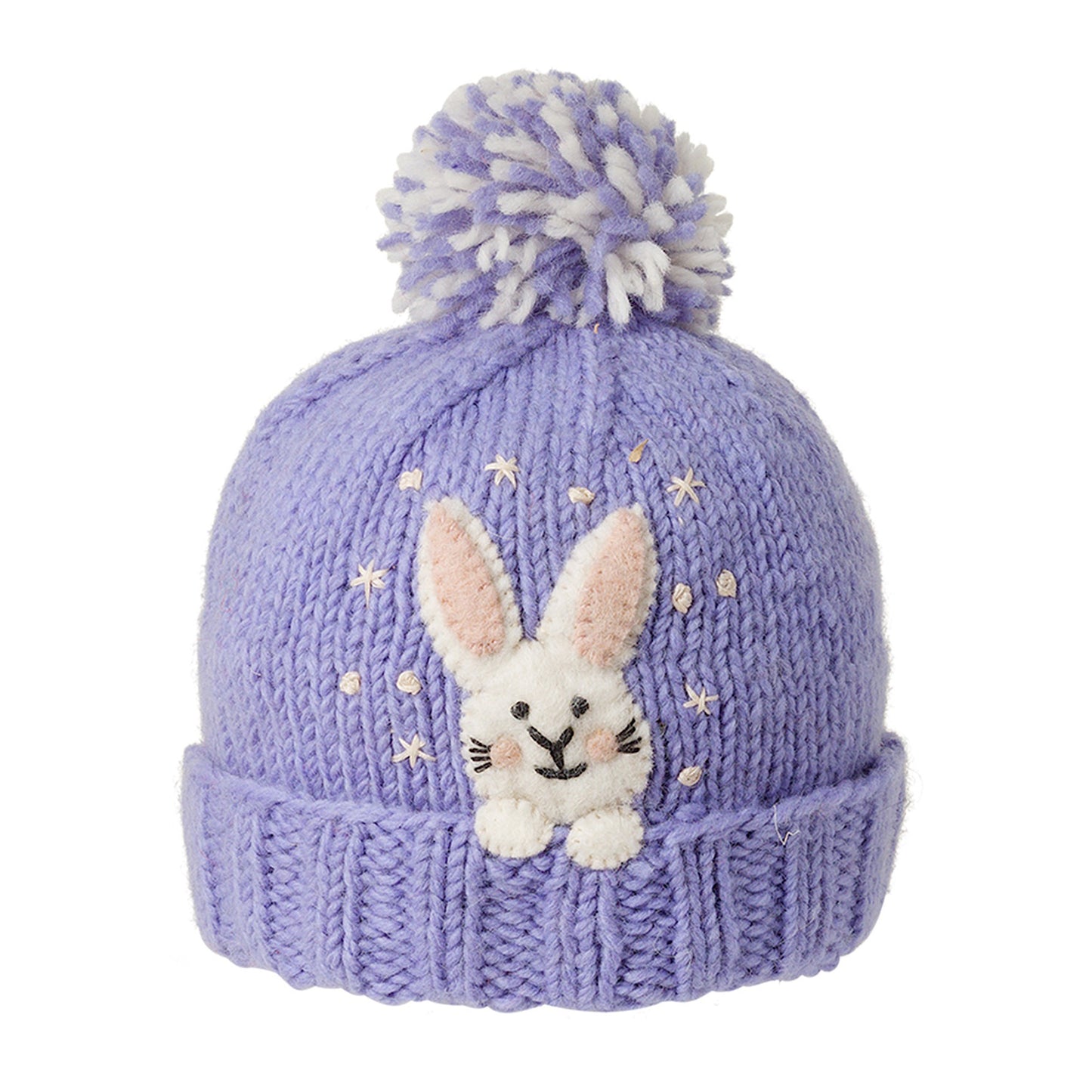Ambler Peek-A-Boo handknit kids' toque in orchid with felted rabbit character and duotone pom.