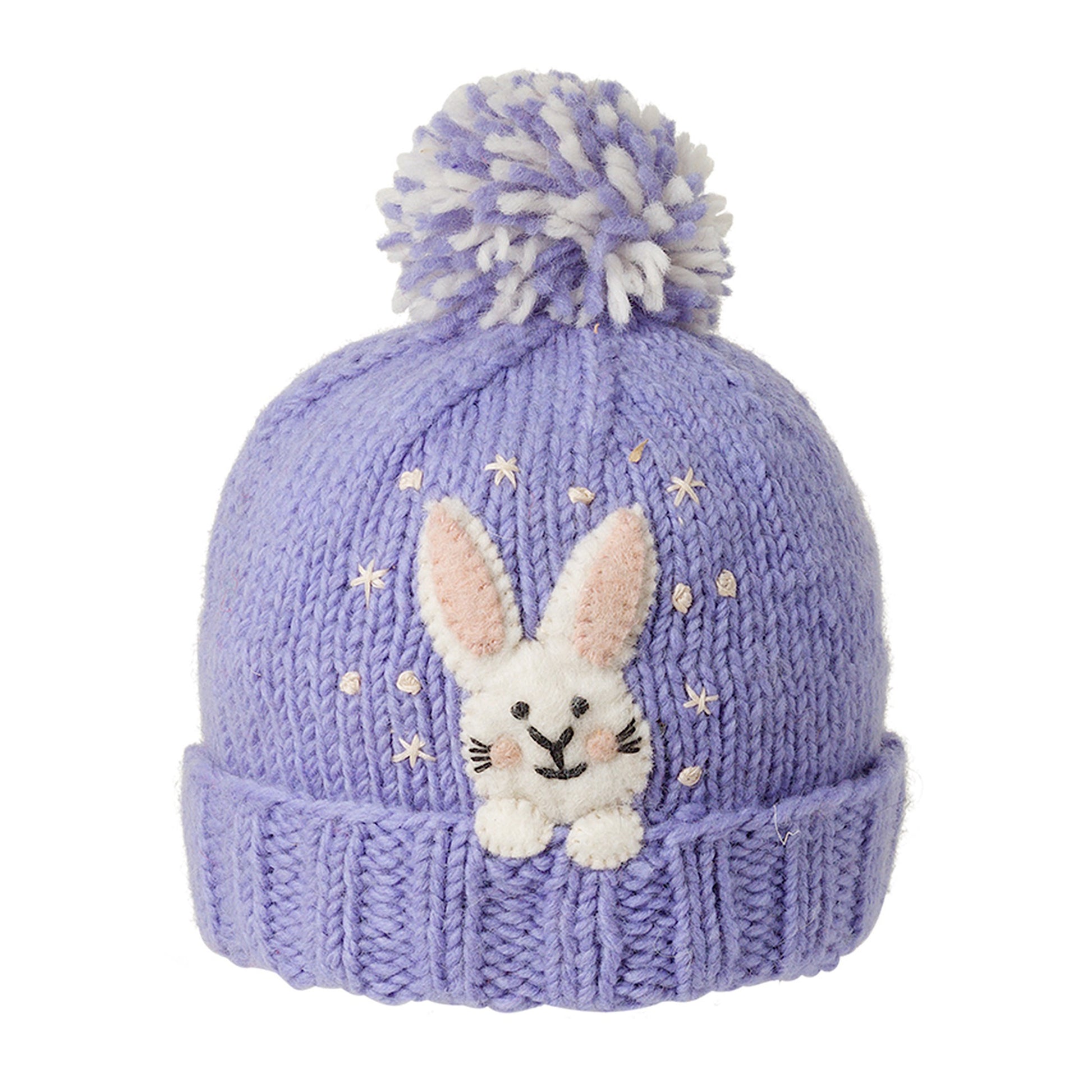Ambler Peek-A-Boo handknit kids' toque in orchid with felted rabbit character and duotone pom.