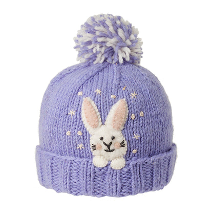 Ambler Peek-A-Boo handknit kids' toque in orchid with felted rabbit character and duotone pom.