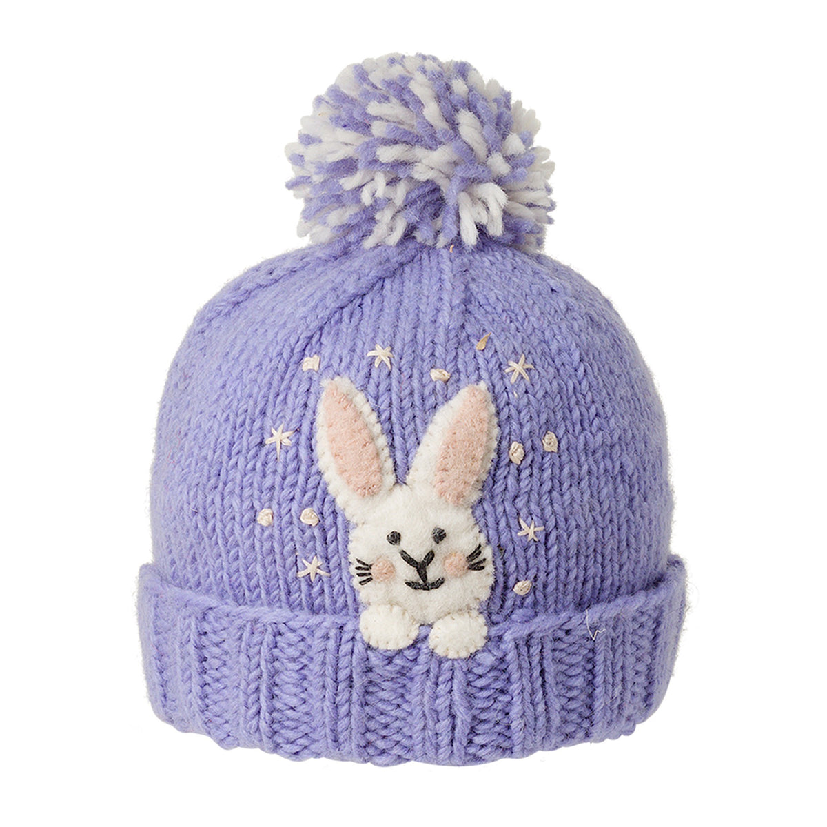 Ambler Peek-A-Boo handknit kids&#39; toque in orchid with felted rabbit character and duotone pom.