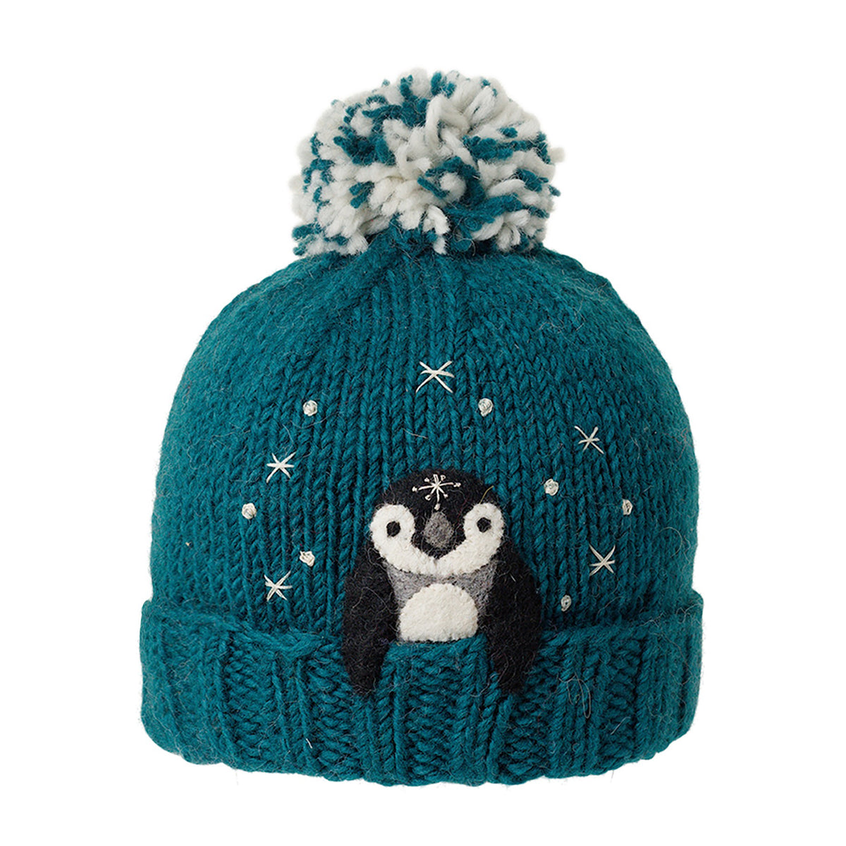 Ambler Peek-A-Boo handknit kids&#39; toque in pine with felted penguin character and duotone pom.