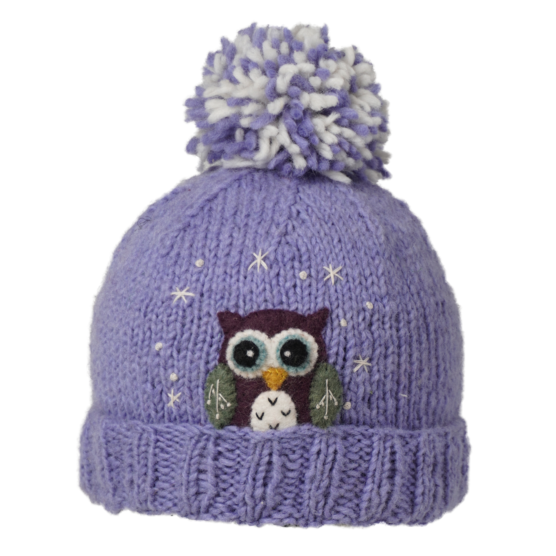 Ambler Peek-A-Boo handknit kids' toque in purple with felted owl character and duotone pom.