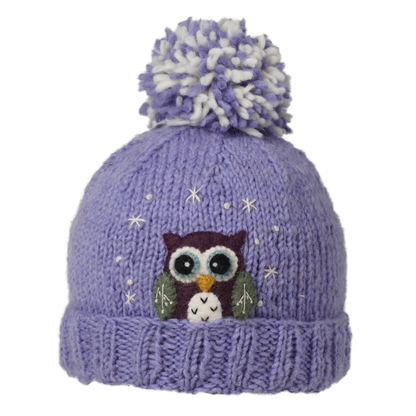 Ambler Peek-A-Boo handknit kids' toque in purple with felted owl character and duotone pom.
