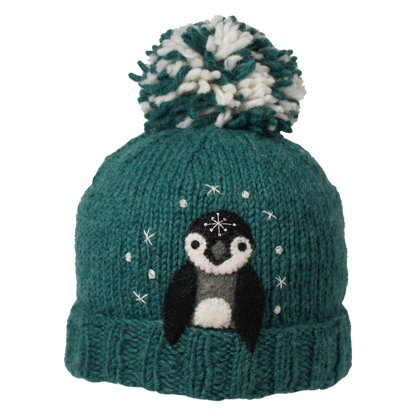 Ambler Peek-A-Boo handknit kids' toque in teal with felted penguin character and duotone pom.