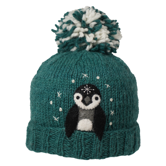 Ambler Peek-A-Boo handknit kids' toque in teal with felted penguin character and duotone pom.