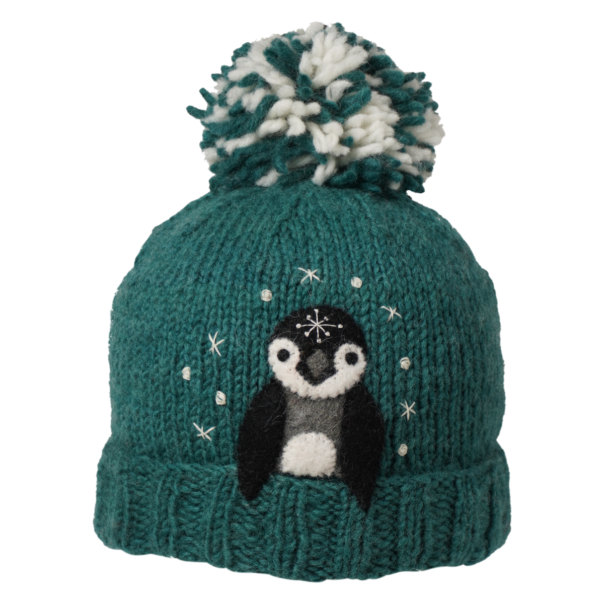 Ambler Peek-A-Boo handknit kids&#39; toque in teal with felted penguin character and duotone pom.