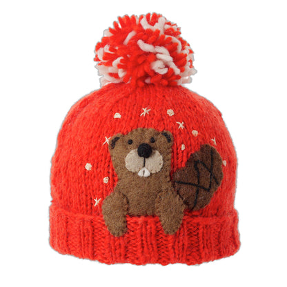 Ambler Peek-A-Boo handknit kids' toque in tomato with felted beaver character and duotone pom.