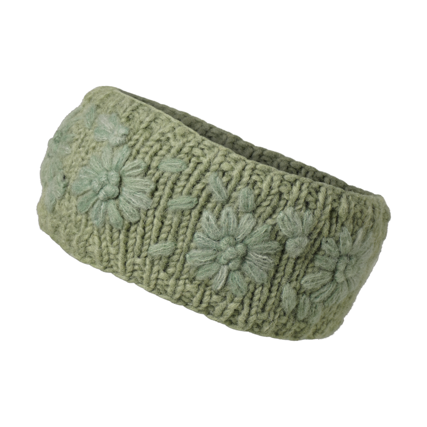 Ambler Petal handknit wool headband in ice green with monotone floral pattern. 