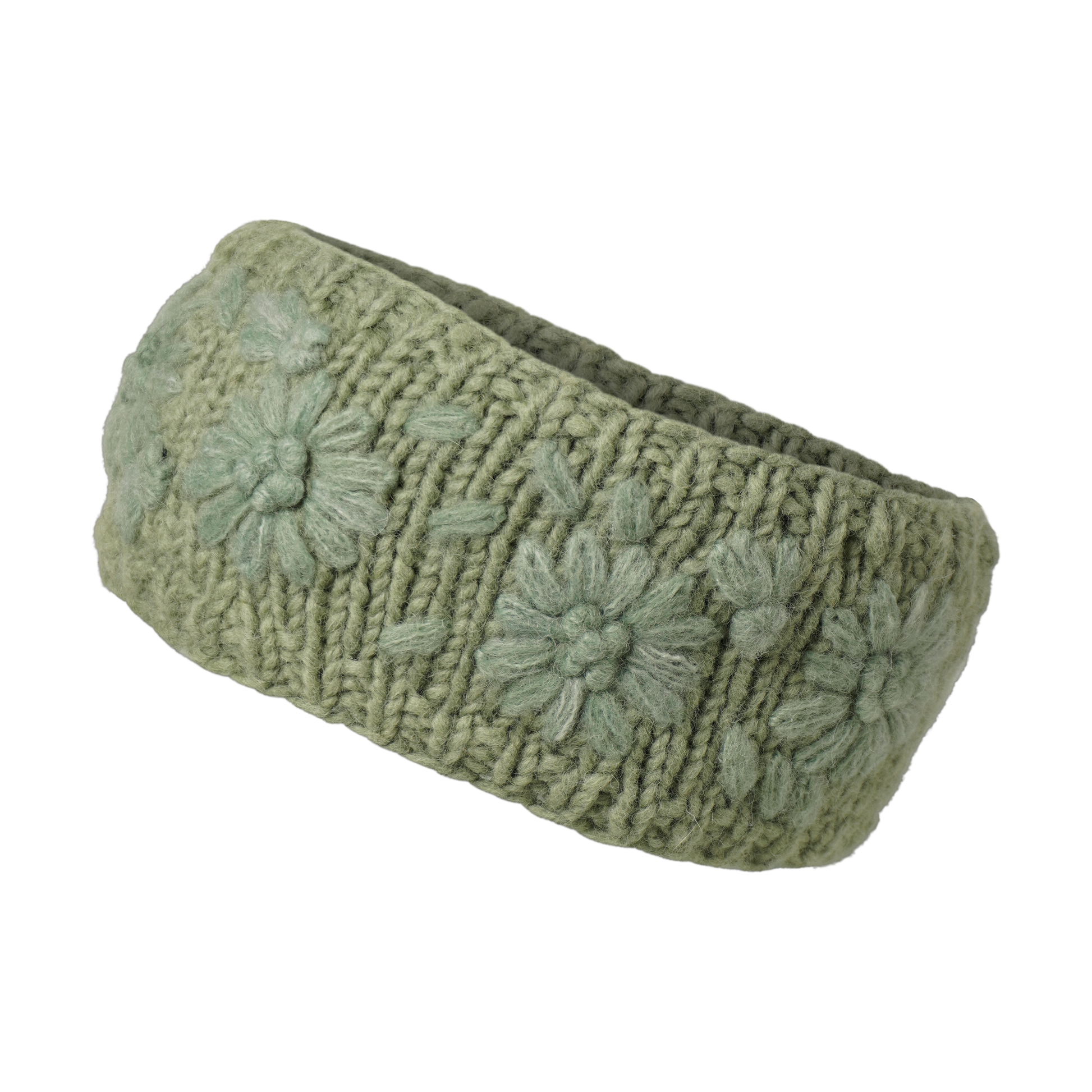 Ambler Petal handknit wool headband in ice green with monotone floral pattern. 