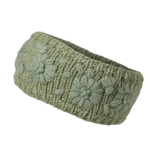 Ambler Petal handknit wool headband in ice green with monotone floral pattern. 