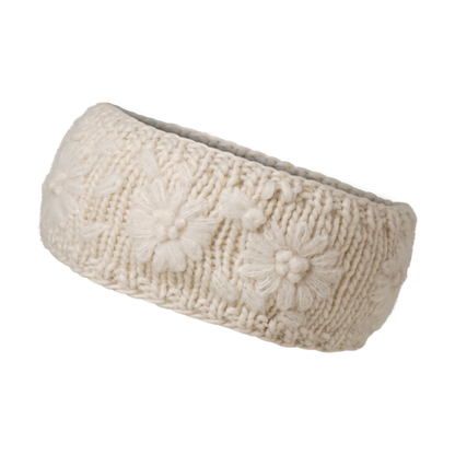 Ambler Petal handknit wool headband in natural with monotone floral pattern. 