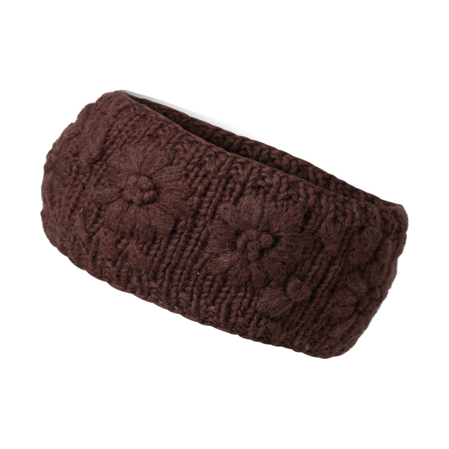 Ambler Petal handknit wool headband in plum with monotone floral pattern. 