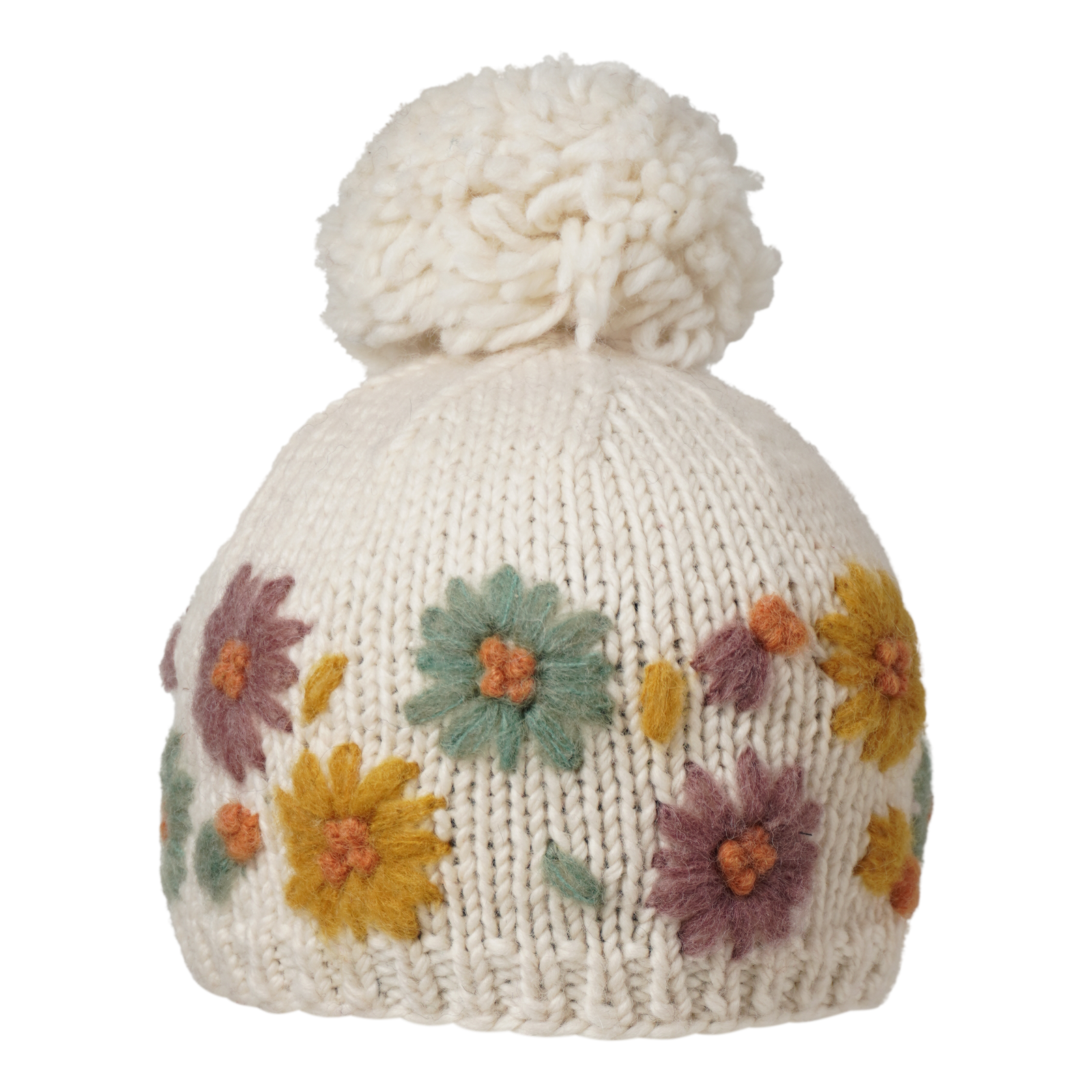 Ambler Petal handknit kids' toque in natural with embroidered floral pattern and thin rib cuff. 
