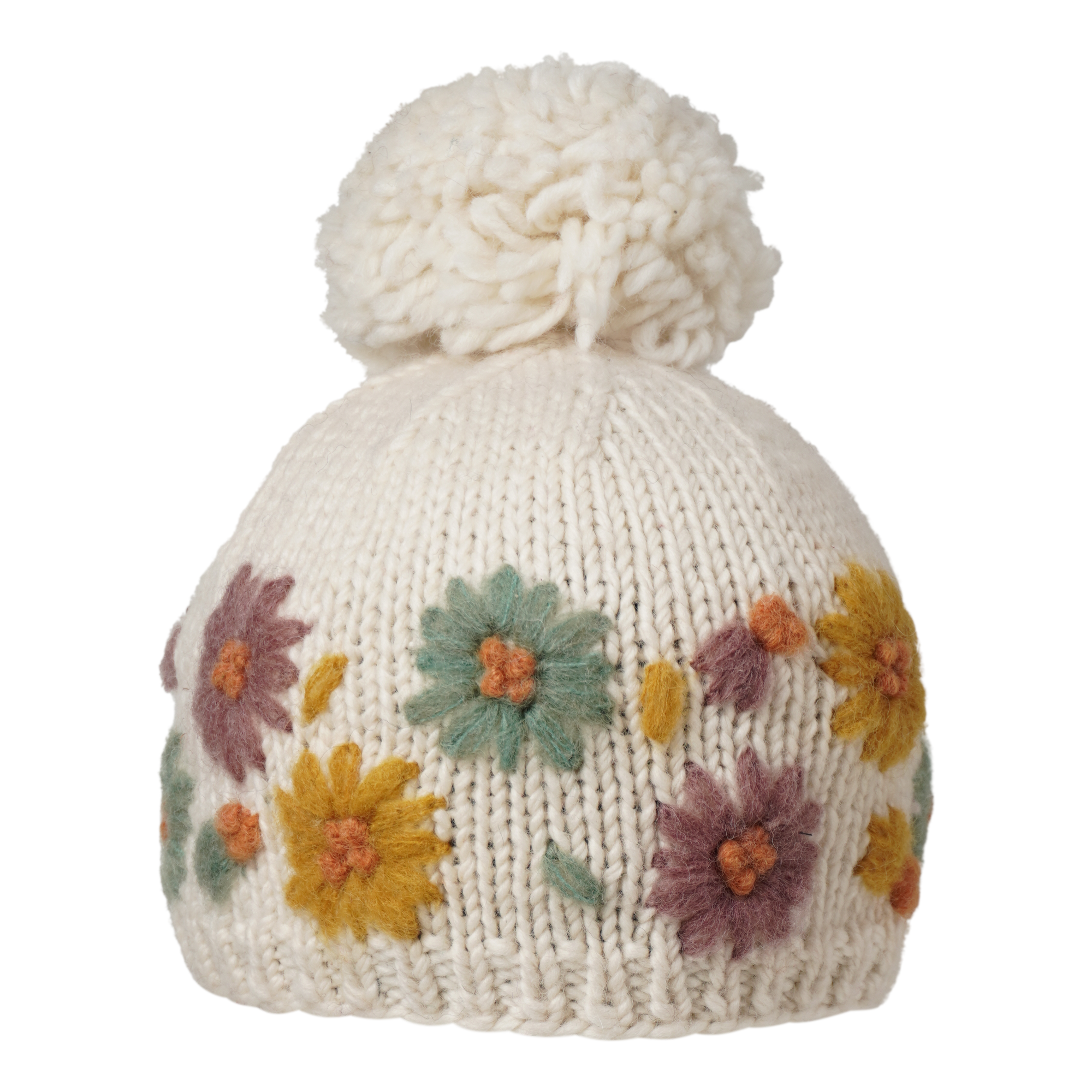 Ambler Petal handknit kids' toque in natural with embroidered floral pattern and thin rib cuff. 