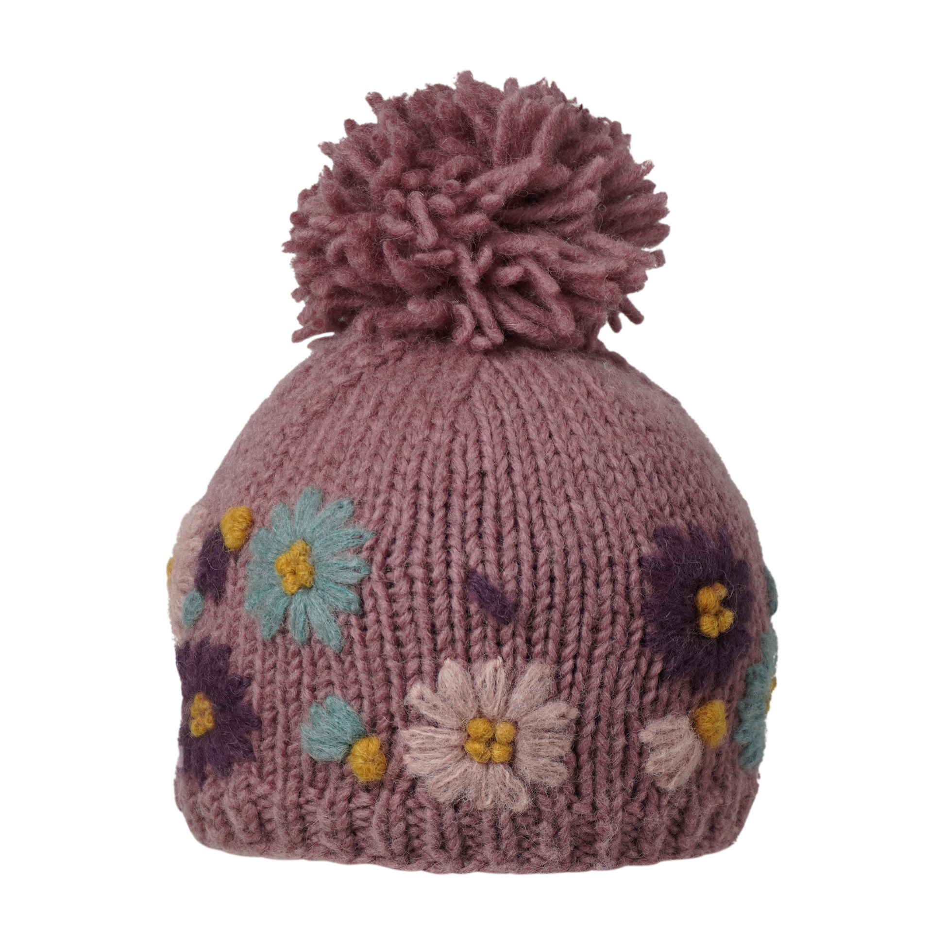 Ambler Petal handknit kids' toque in wild ginger with embroidered floral pattern and thin rib cuff. 