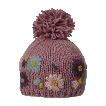 Ambler Petal handknit kids' toque in wild ginger with embroidered floral pattern and thin rib cuff. 